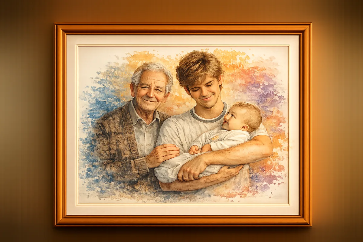 A single watercolour portrait combining grandad and grandchildren