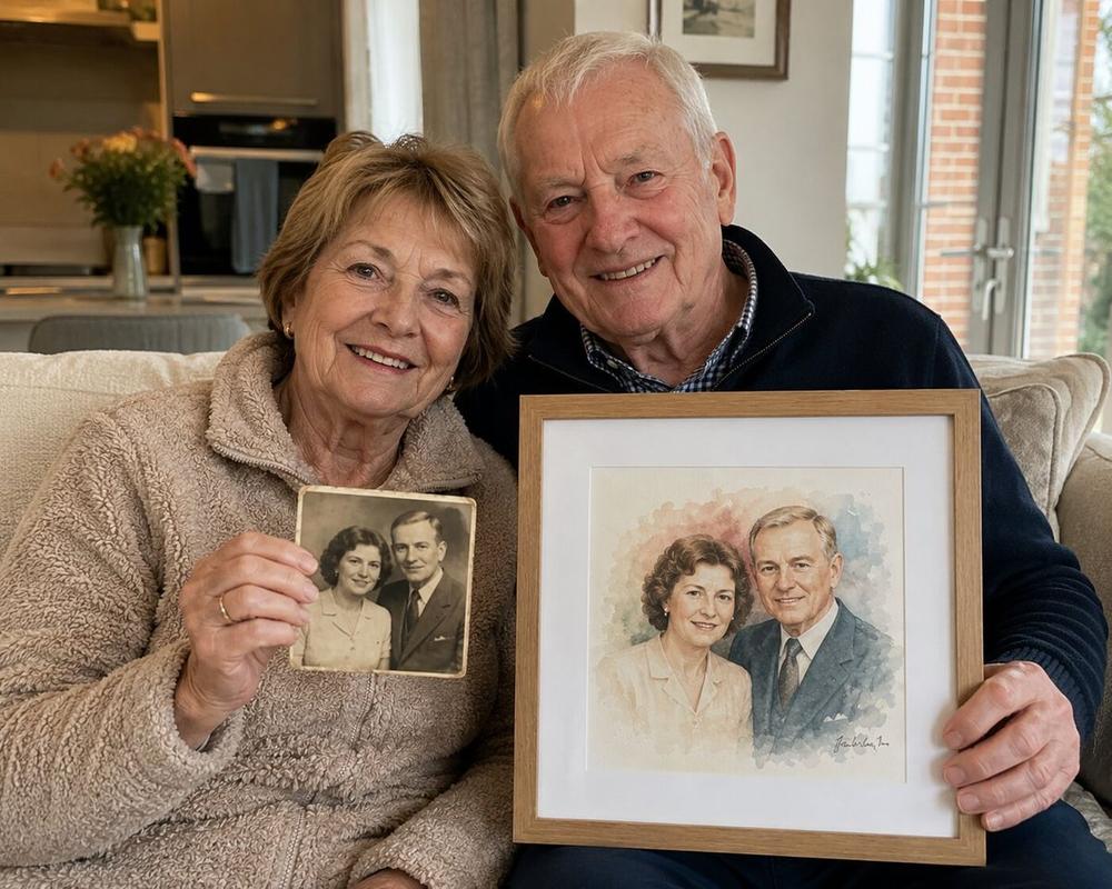 Margaret and John from Kent holding their original wedding photo next to a new framed watercolor portrait of themselves