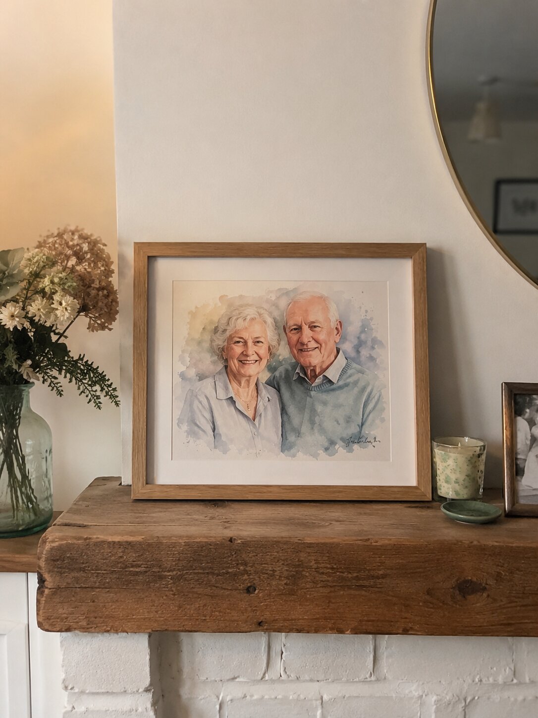 A framed watercolor portrait of an elderly couple displayed on a rustic wooden mantelpiece in a British home