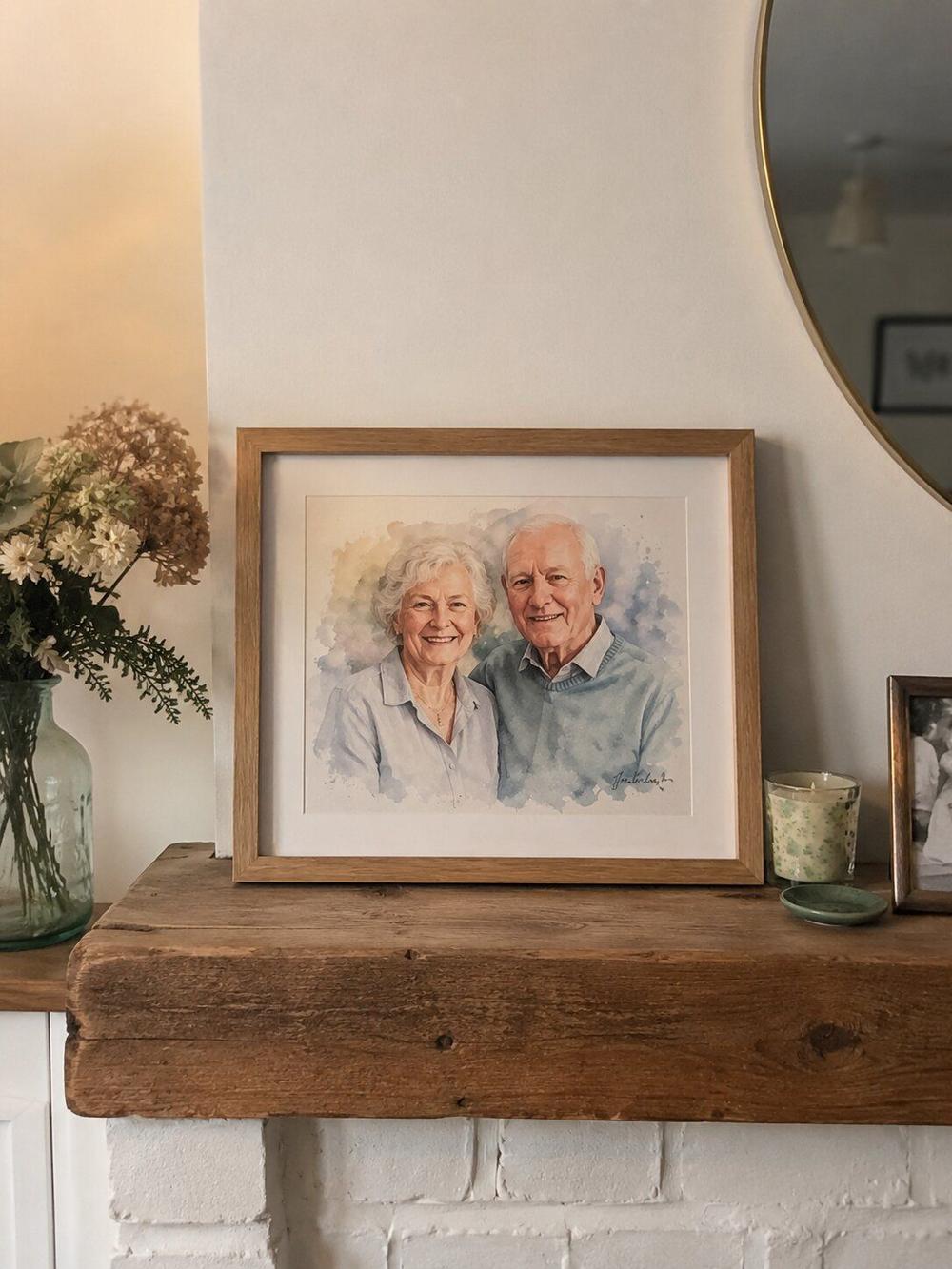 A framed watercolor portrait of an elderly couple displayed on a rustic wooden mantelpiece in a British home