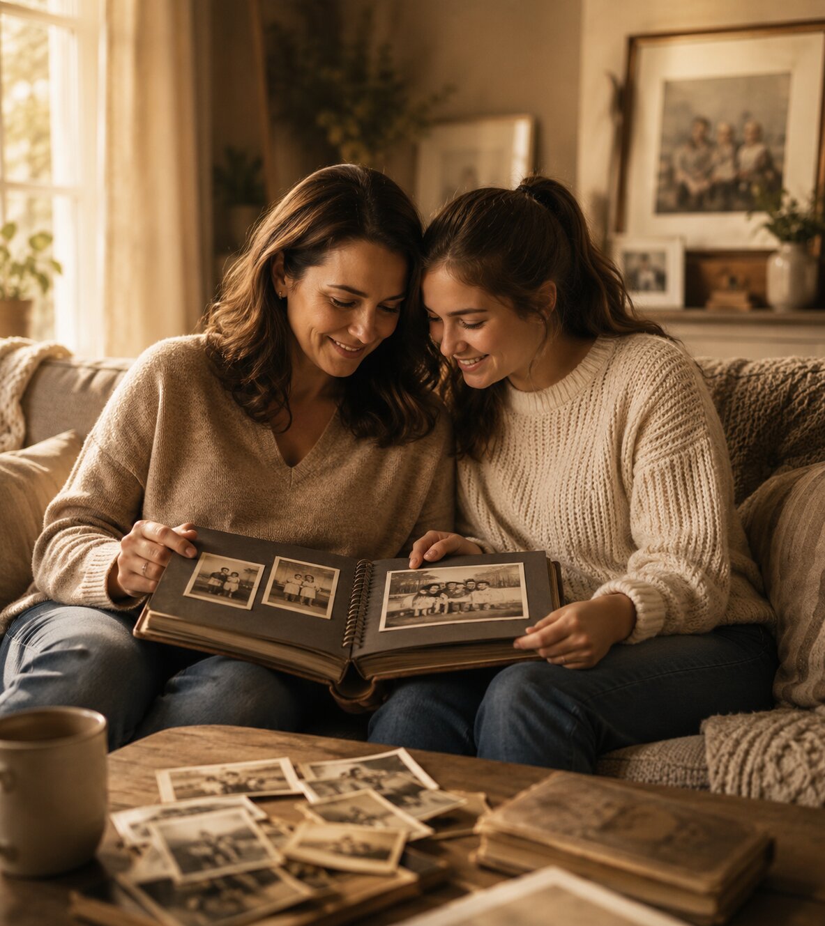 A mother and daughter sharing a tender moment looking through old family photo albums together in warm afternoon light