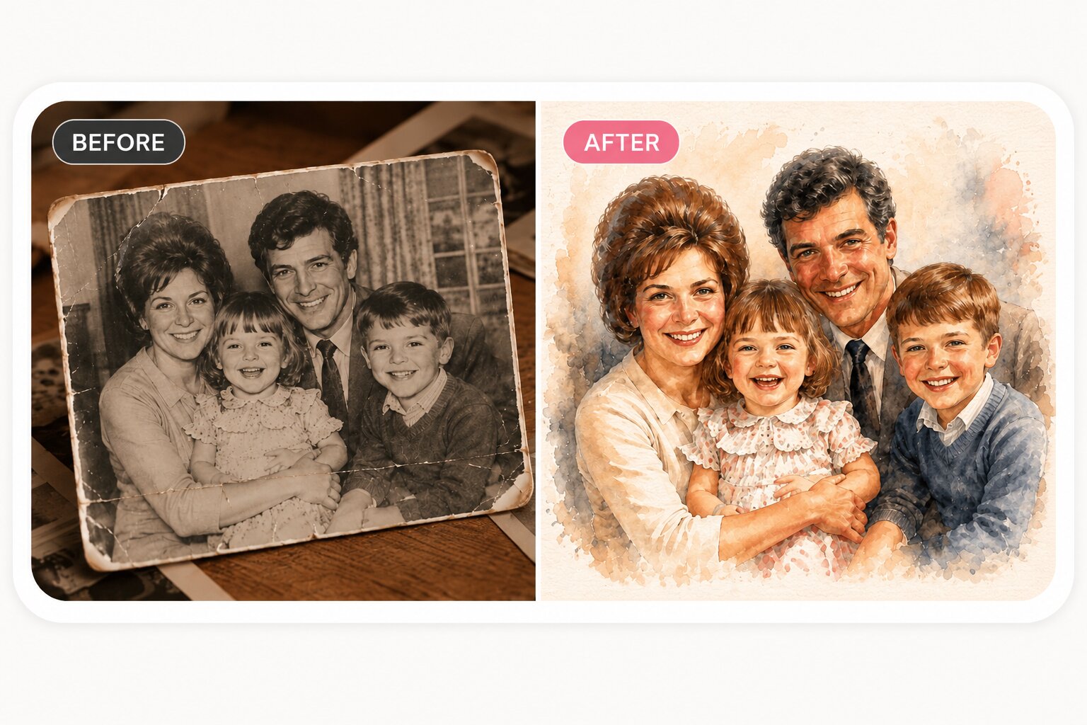 A faded 1970s family photo transformed into a vibrant hand-painted watercolor portrait