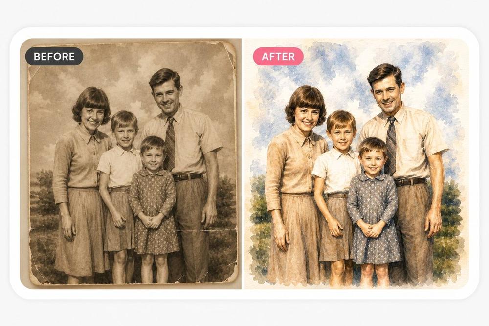 A vintage family of four reimagined as a soft watercolor portrait