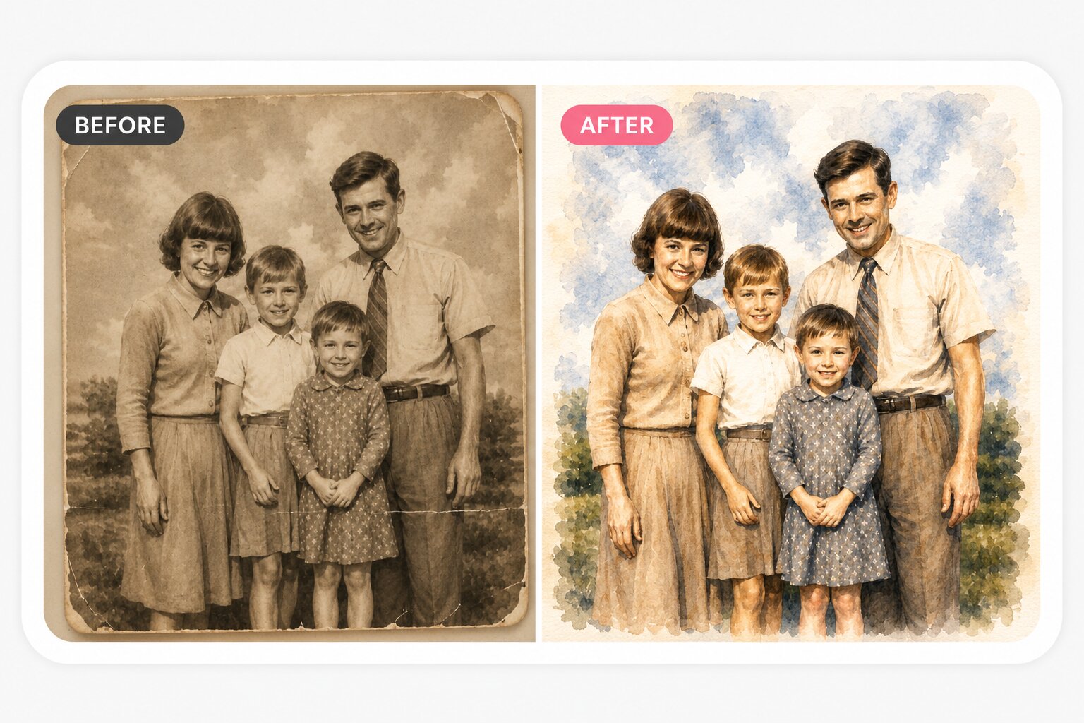 A vintage family of four reimagined as a soft watercolor portrait